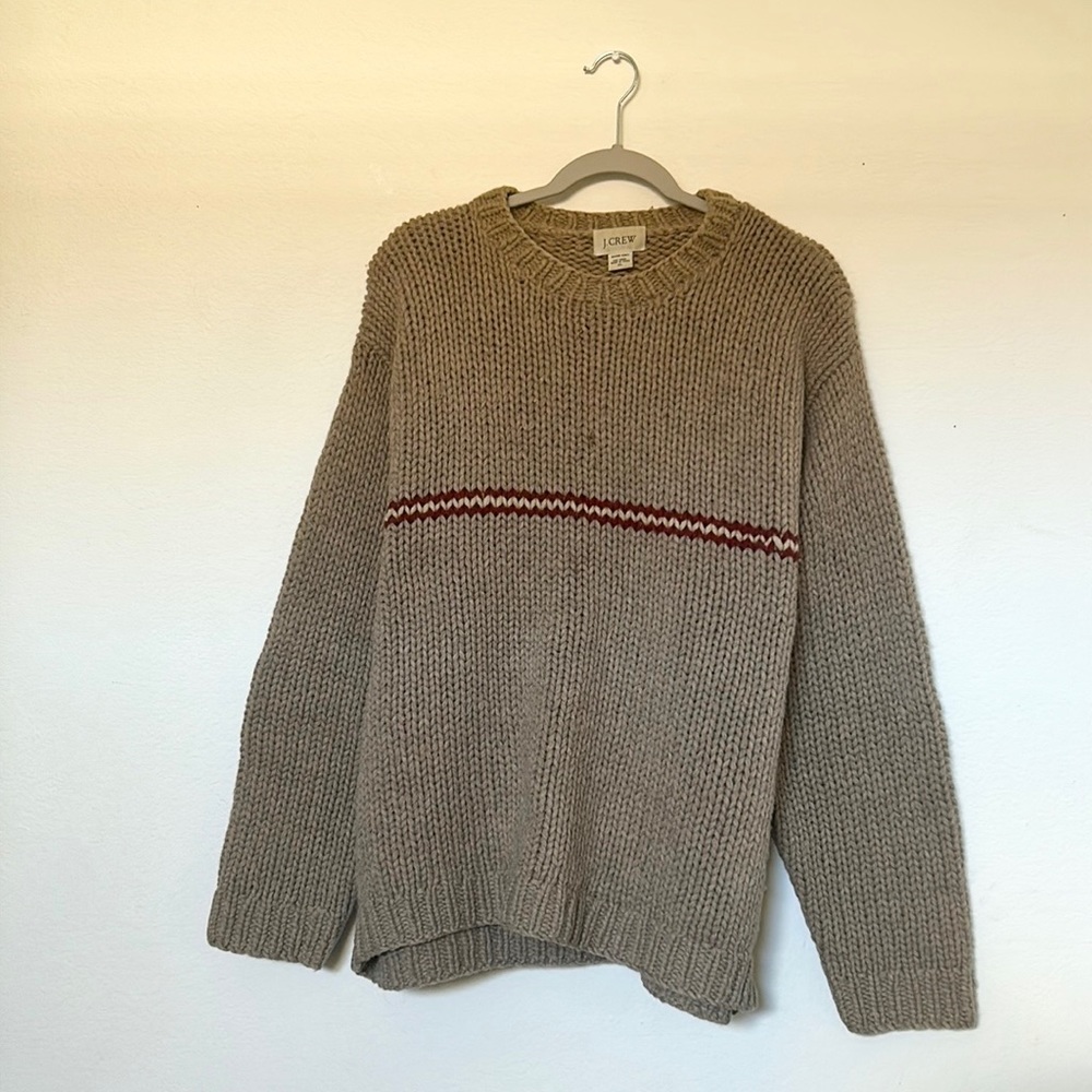 Vintage J.Crew Tan Wool Knit Red Stripe Crewneck Mens Sweater Size Xlarge